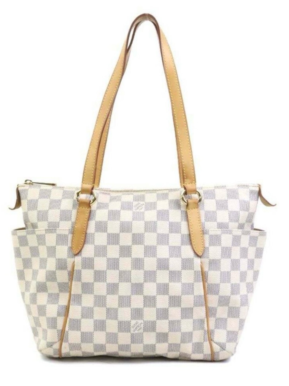 Louis Vuitton White Checkered Damier Azur Tote with Tan Leather Straps